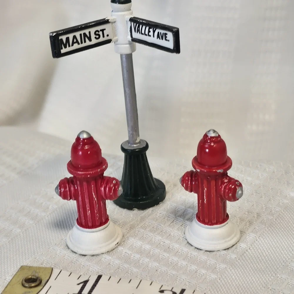 Lot Of Vtg Christmas Village Items 2-Metal Red Fire Hydrant 1-Street Sign